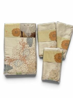 Spring Days Newbridge Light Tan Coastal Seashell Cutwork Tablecloth & Napkin Set
